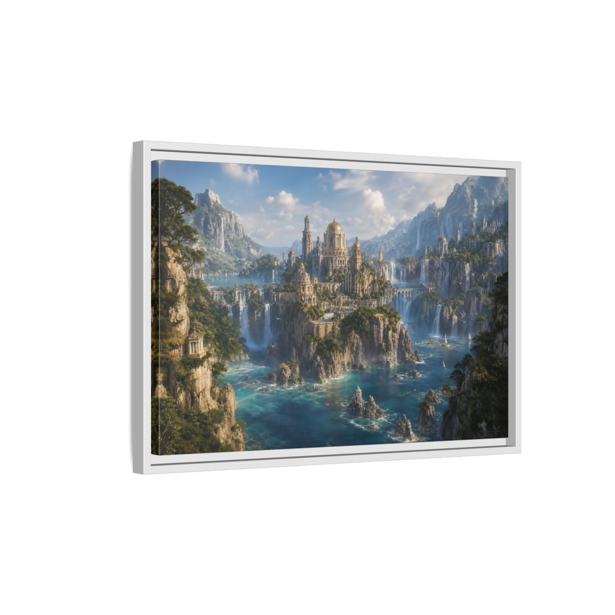 Side Mockup 1. Fairytale Fantasy City Blue Green Gold shown as stretched canvas wall art