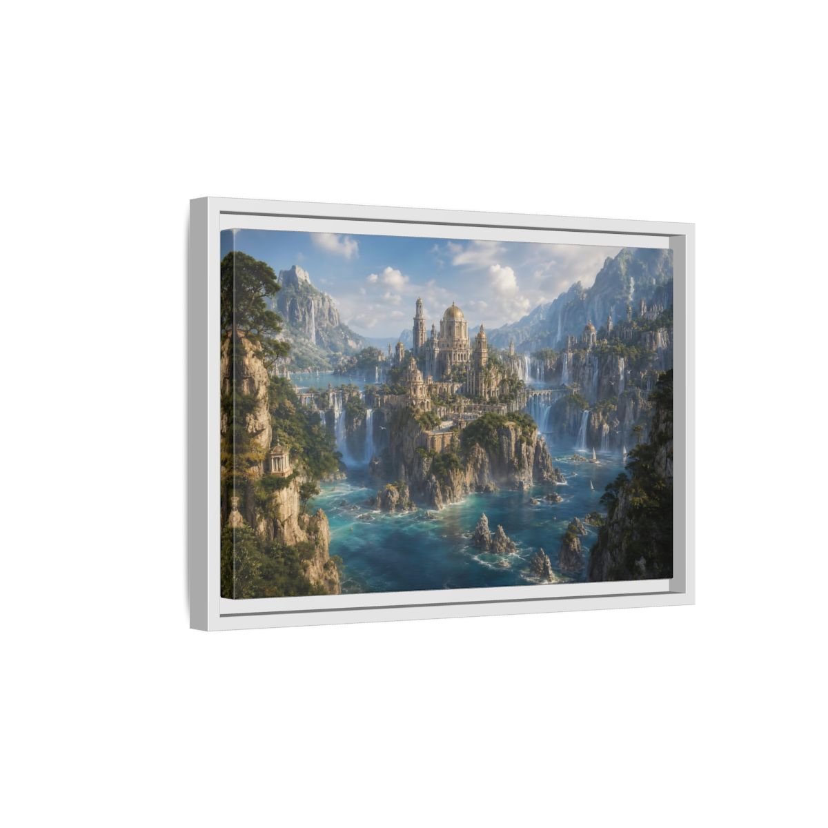 Side Mockup 4. Fairytale Fantasy City Blue Green Gold shown as stretched canvas wall art