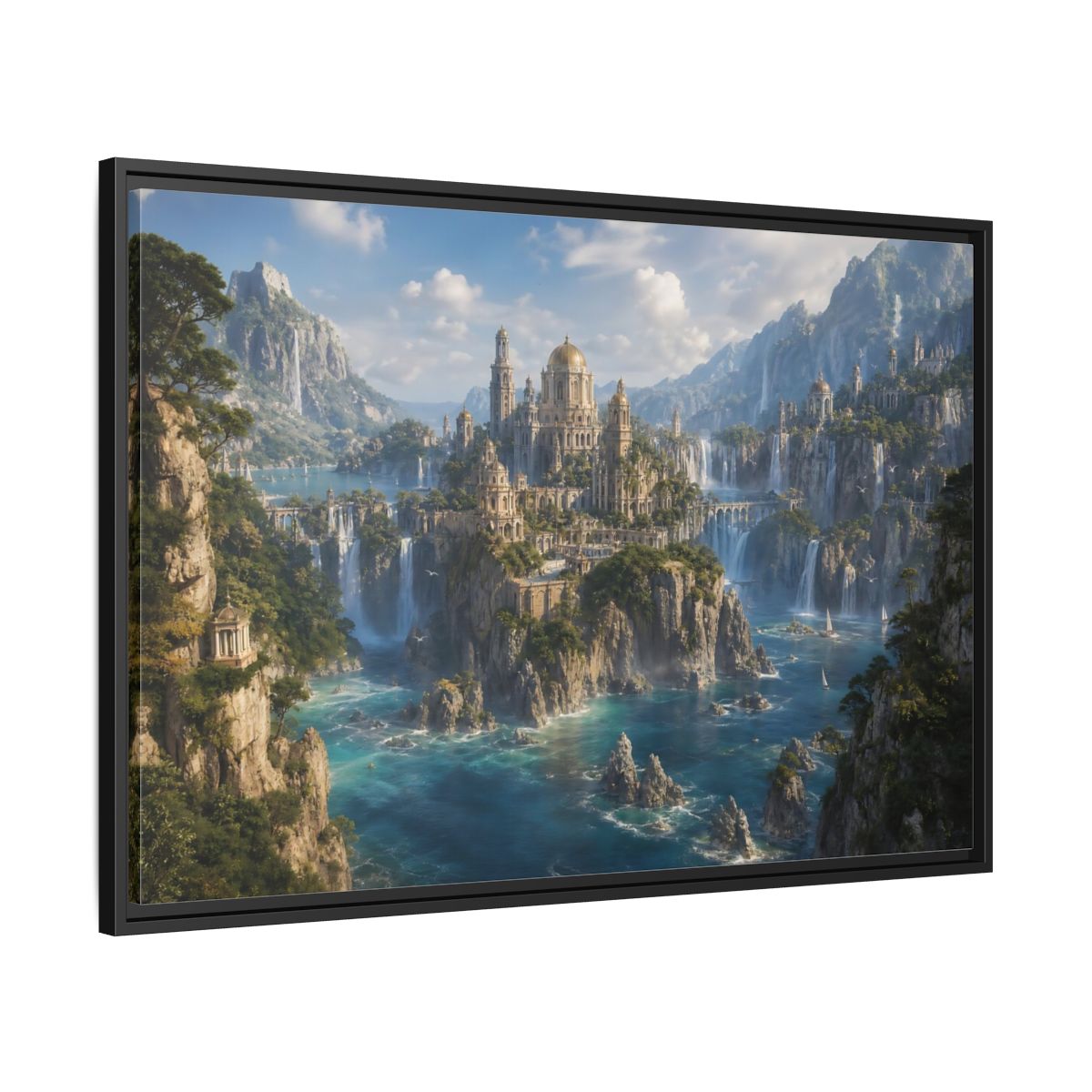 Side Mockup 13. Fairytale Fantasy City Blue Green Gold shown as stretched canvas wall art