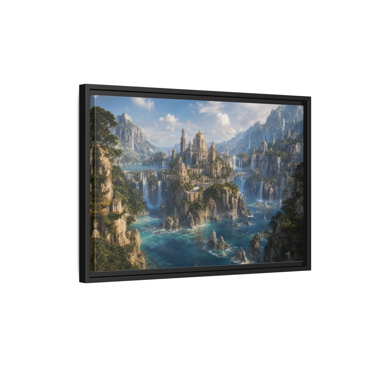 Side Mockup 3. Fairytale Fantasy City Blue Green Gold shown as stretched canvas wall art