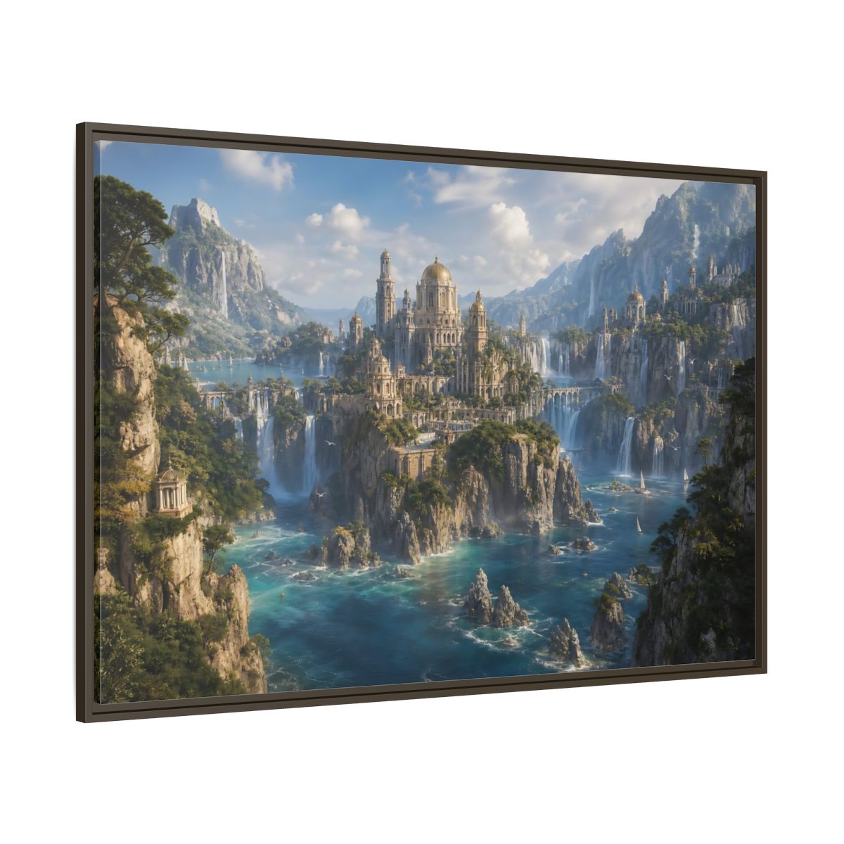 Side Mockup 8. Fairytale Fantasy City Blue Green Gold shown as stretched canvas wall art