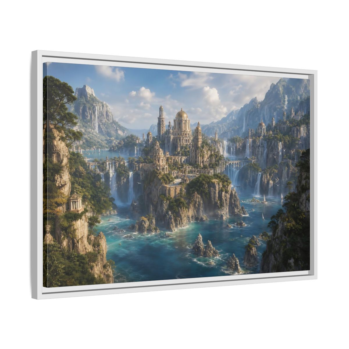 Side Mockup 10. Fairytale Fantasy City Blue Green Gold shown as stretched canvas wall art