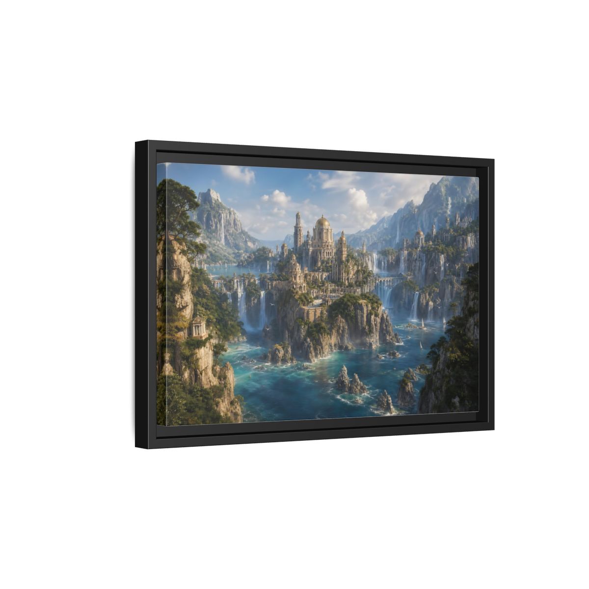 Side Mockup 6. Fairytale Fantasy City Blue Green Gold shown as stretched canvas wall art