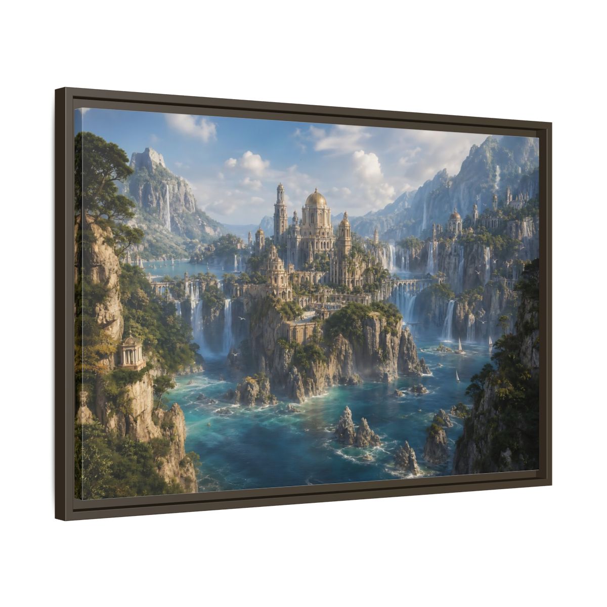 Side Mockup 11. Fairytale Fantasy City Blue Green Gold shown as stretched canvas wall art