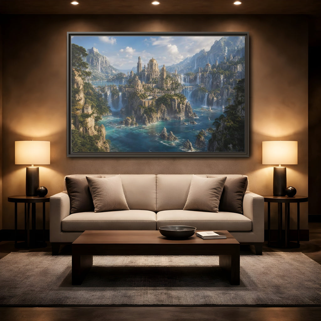 Mockup 2. Fairytale Fantasy City Blue Green Gold shown as stretched canvas wall art