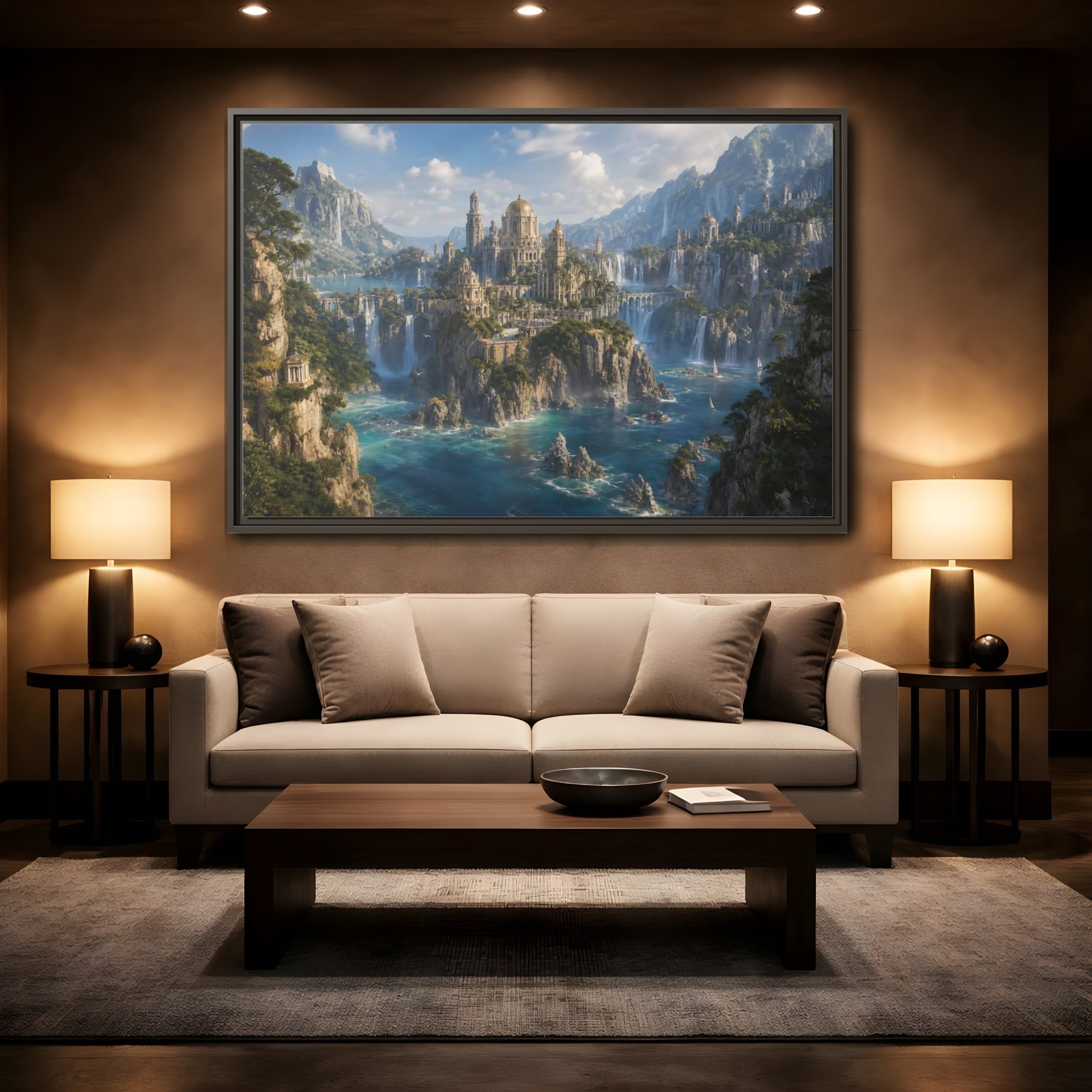 Mockup 2. Fairytale Fantasy City Blue Green Gold shown as stretched canvas wall art