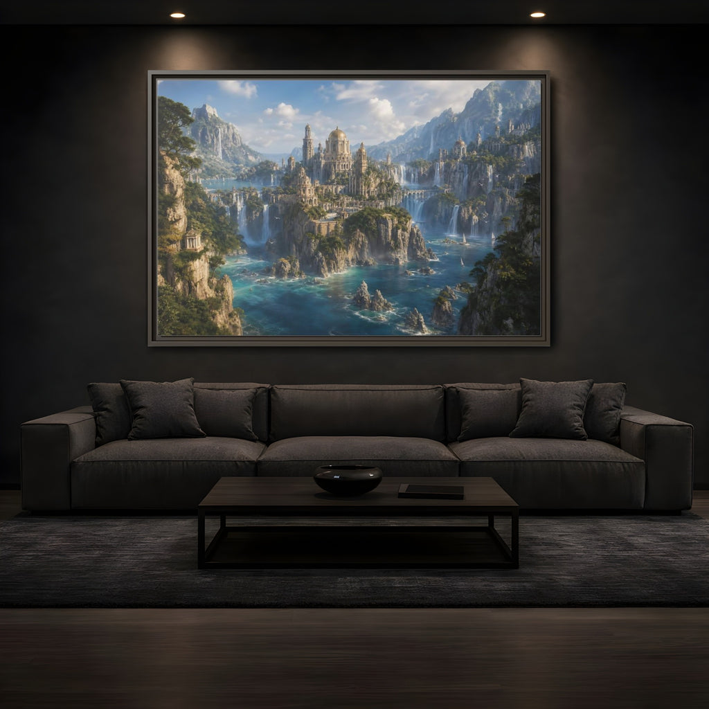Mockup 3. Fairytale Fantasy City Blue Green Gold shown as stretched canvas wall art