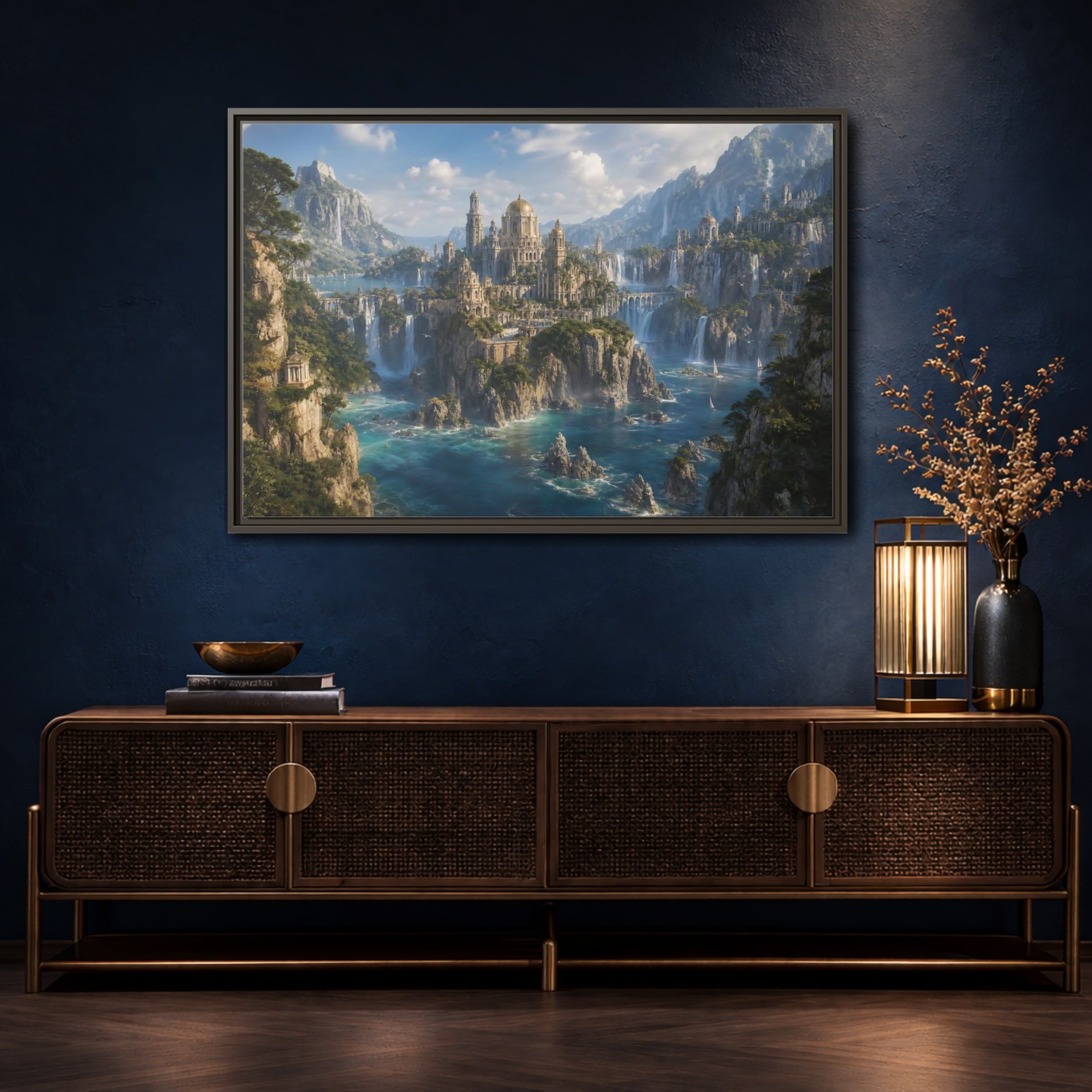 Mockup 4. Fairytale Fantasy City Blue Green Gold shown as stretched canvas wall art