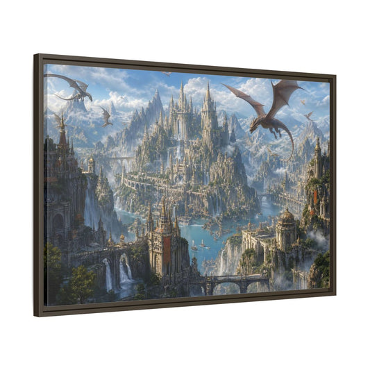 Main Mockup. Fairytale Fantasy City Blue Grey Fantasy shown as stretched canvas wall art