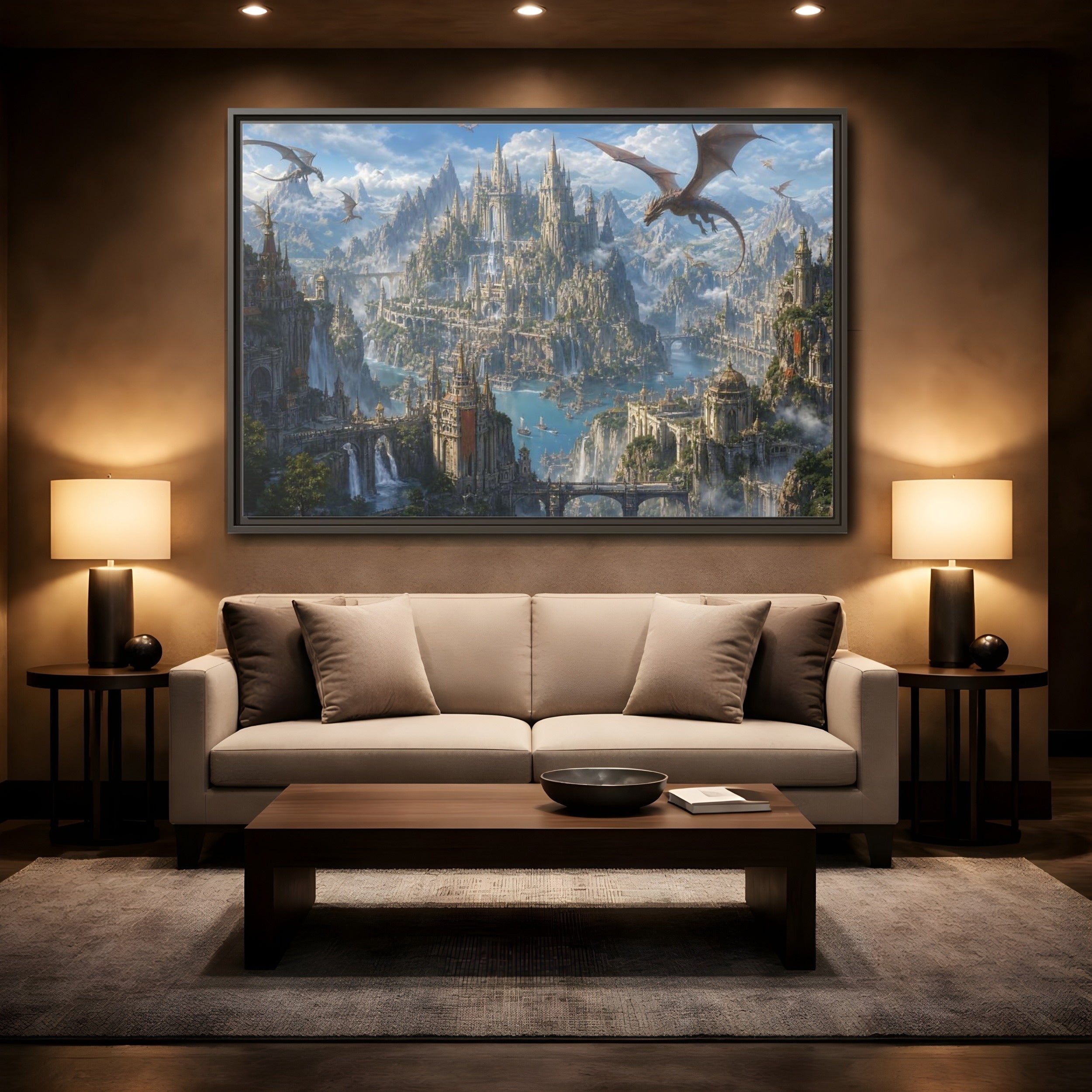 Mockup 2. Fairytale Fantasy City Blue Grey Fantasy shown as stretched canvas wall art