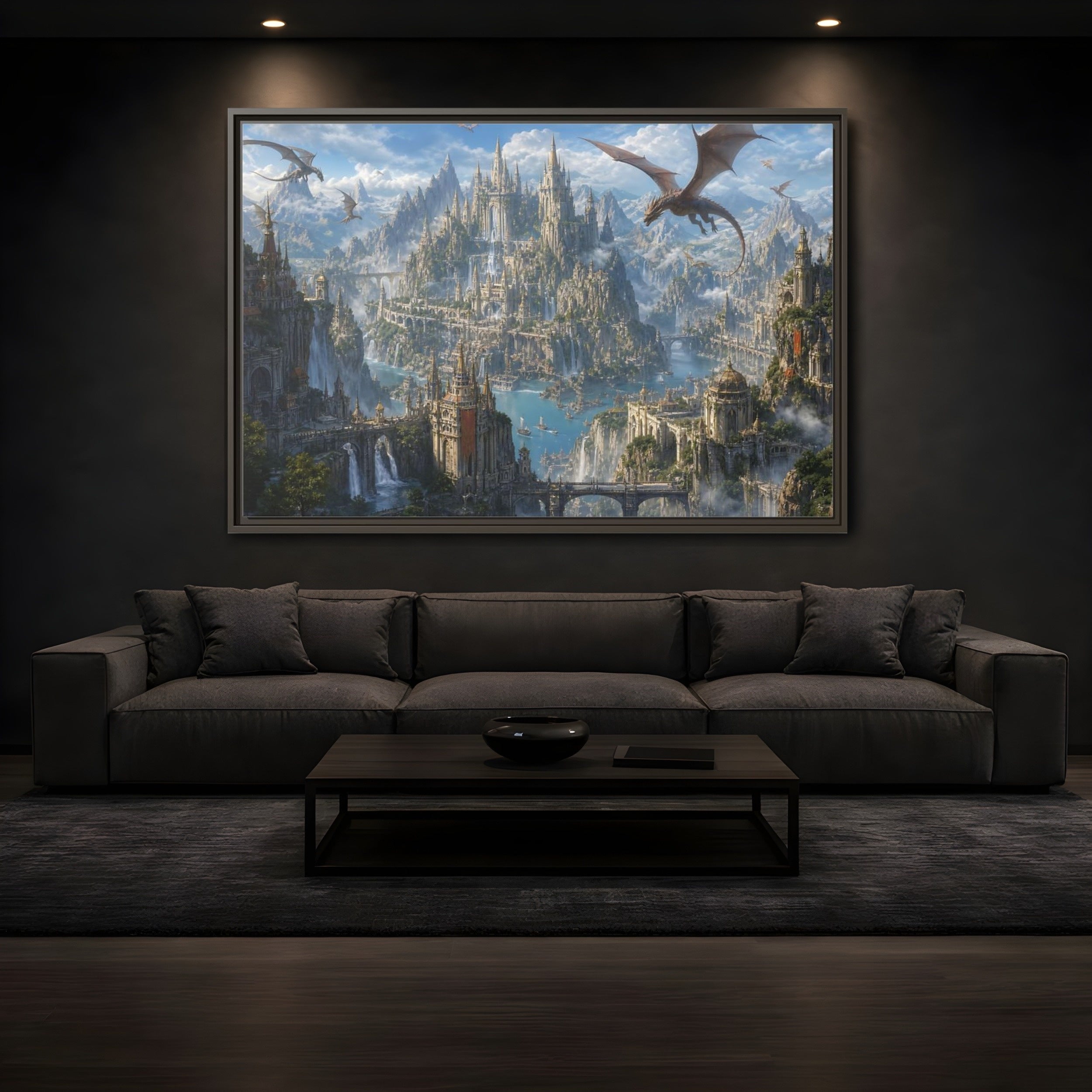 Mockup 3. Fairytale Fantasy City Blue Grey Fantasy shown as stretched canvas wall art