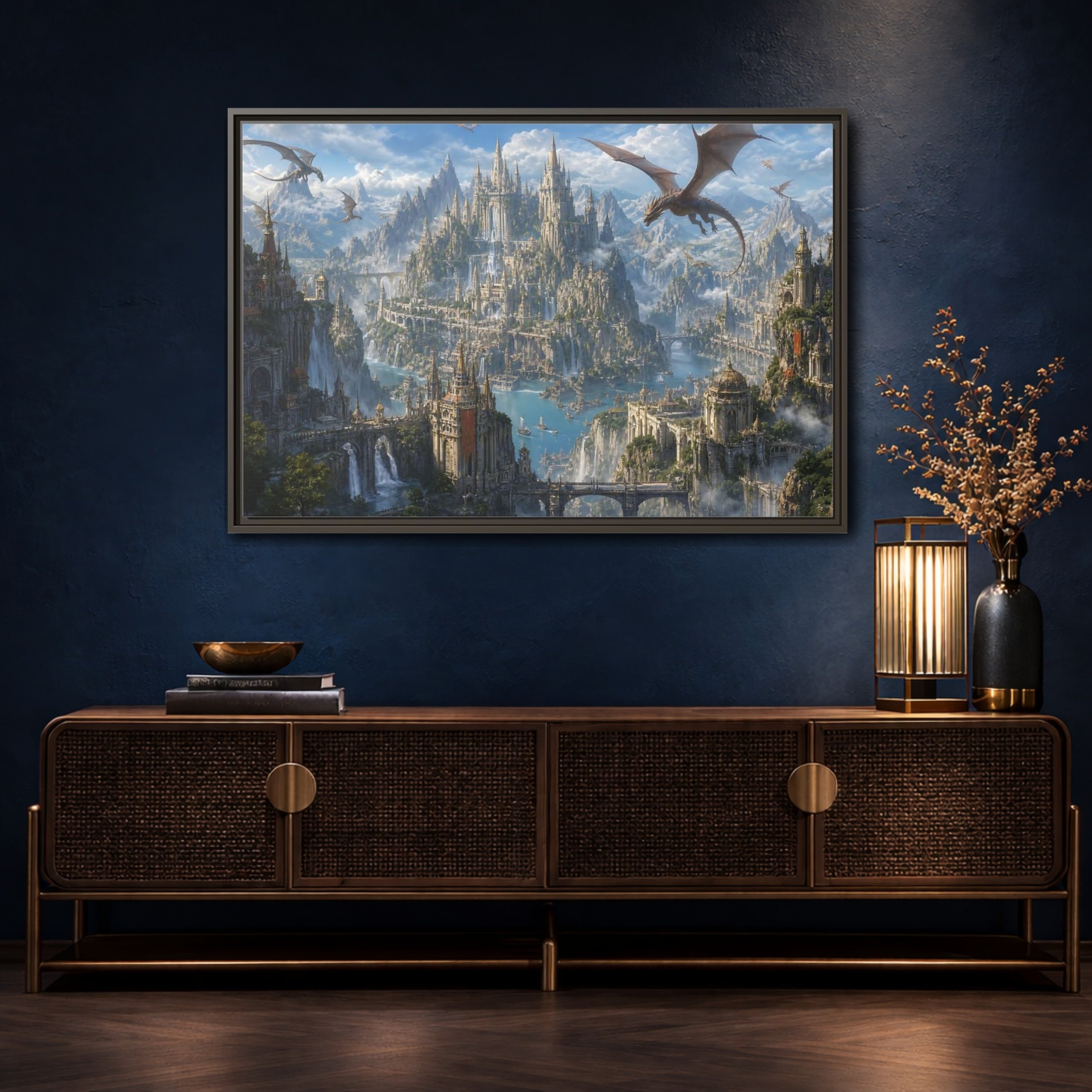 Mockup 4. Fairytale Fantasy City Blue Grey Fantasy shown as stretched canvas wall art