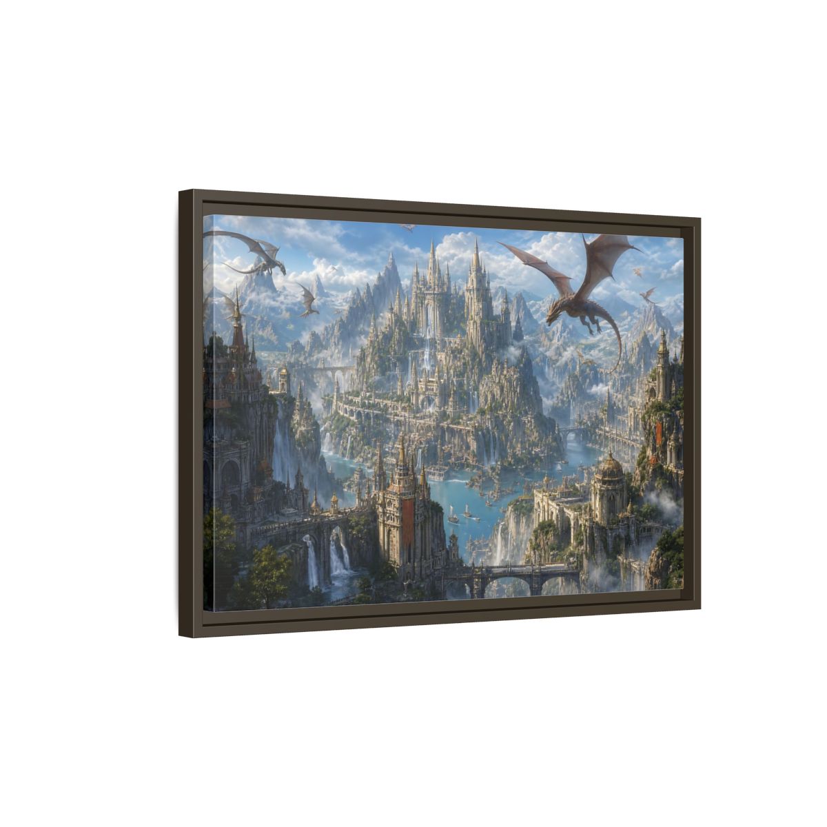 Side Mockup 2. Fairytale Fantasy City Blue Grey Fantasy shown as stretched canvas wall art