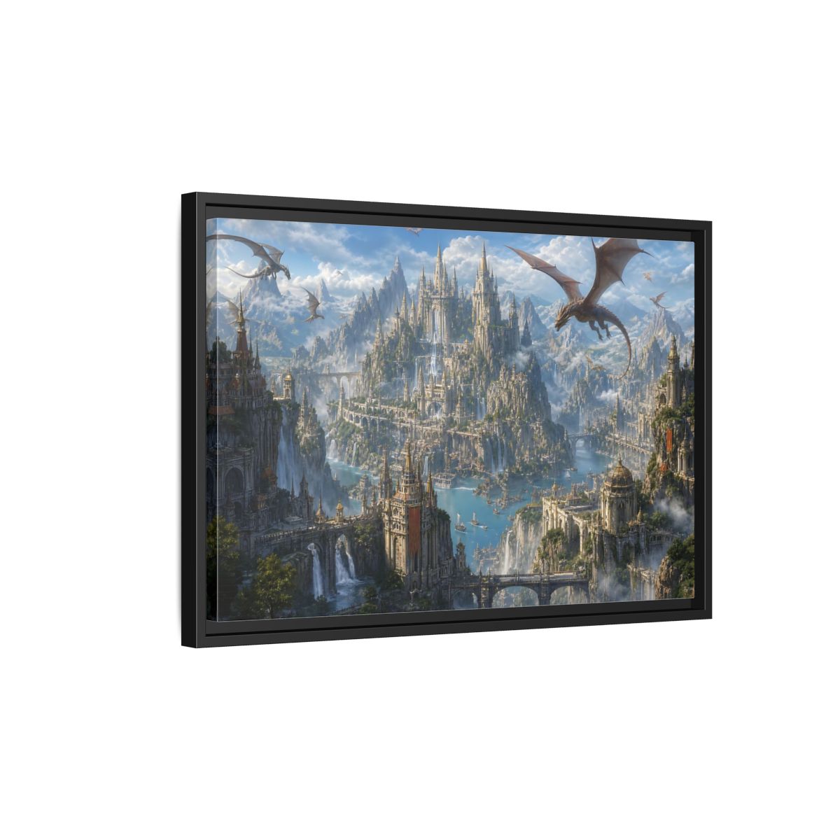 Side Mockup 3. Fairytale Fantasy City Blue Grey Fantasy shown as stretched canvas wall art