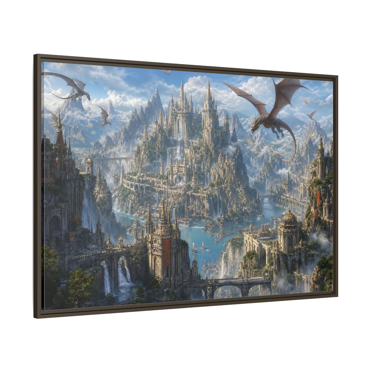 Side Mockup 8. Fairytale Fantasy City Blue Grey Fantasy shown as stretched canvas wall art