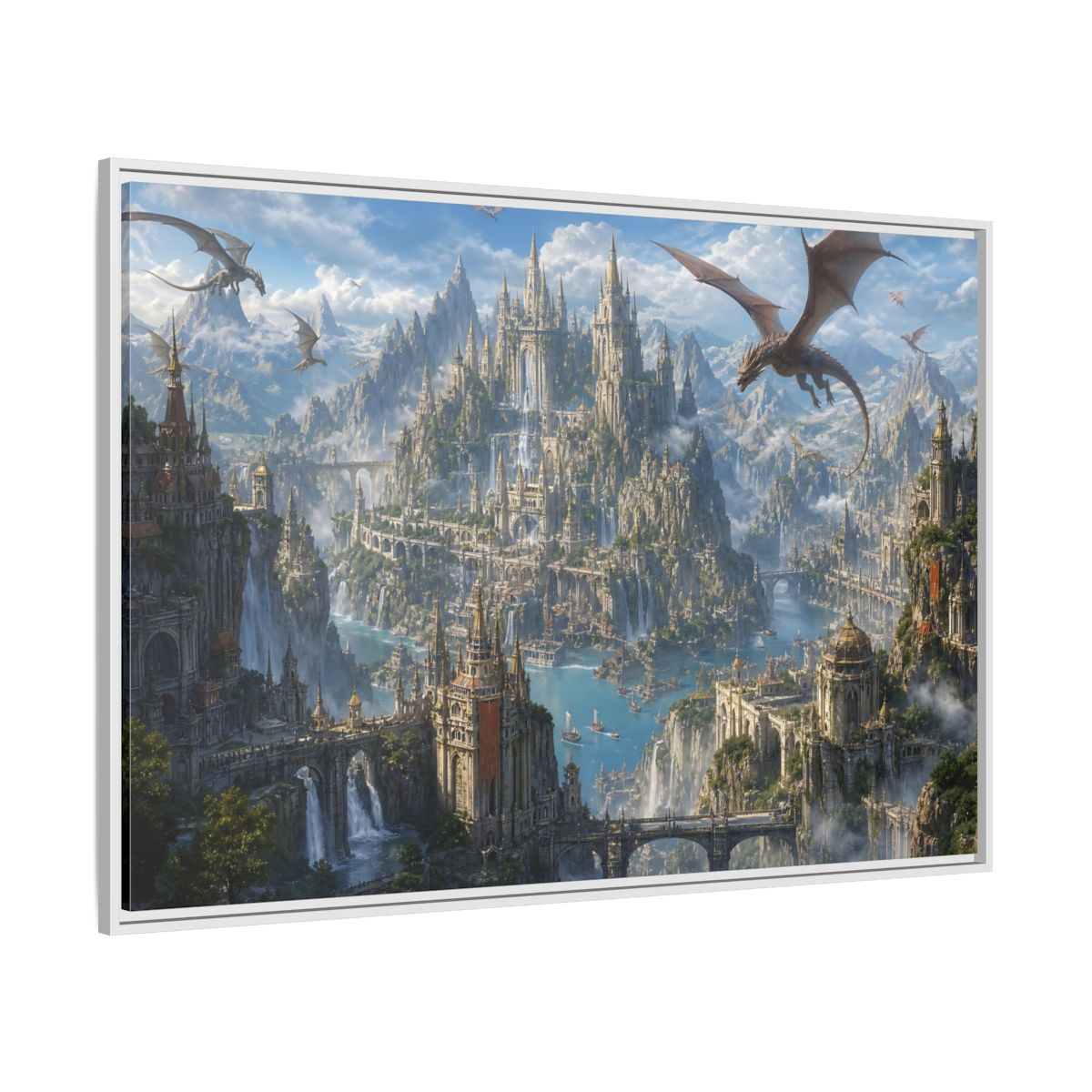 Side Mockup 7. Fairytale Fantasy City Blue Grey Fantasy shown as stretched canvas wall art