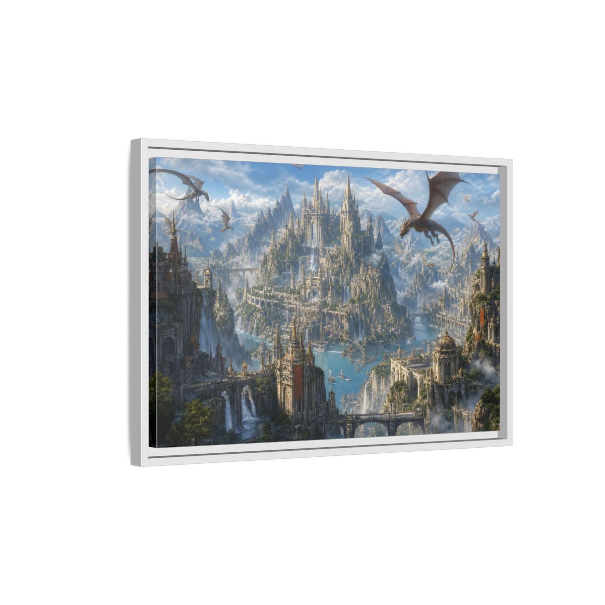 Side Mockup 1. Fairytale Fantasy City Blue Grey Fantasy shown as stretched canvas wall art