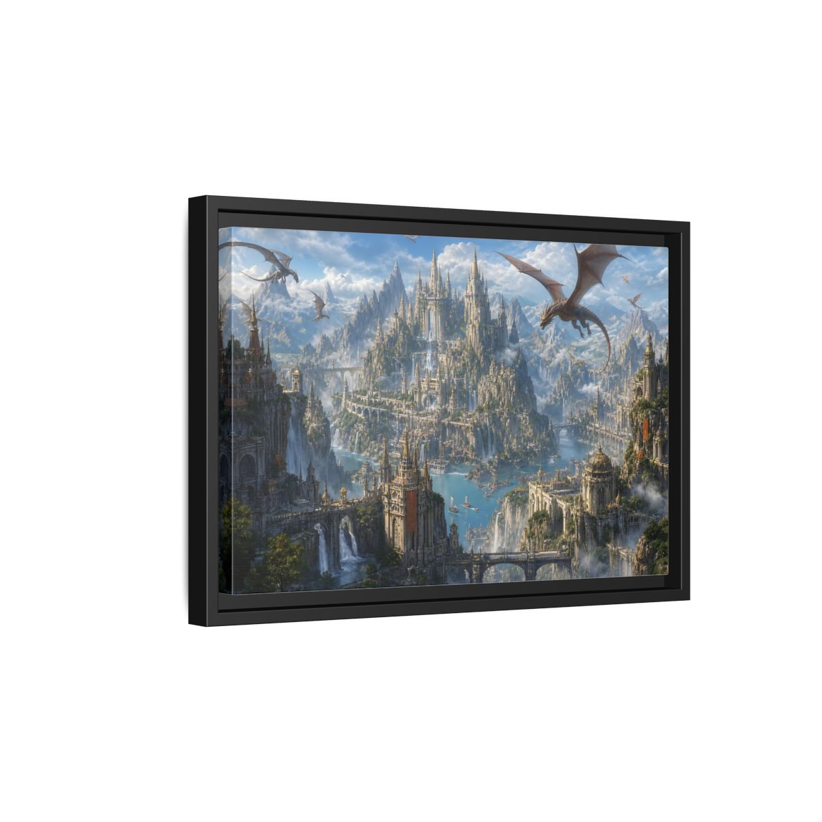 Side Mockup 6. Fairytale Fantasy City Blue Grey Fantasy shown as stretched canvas wall art