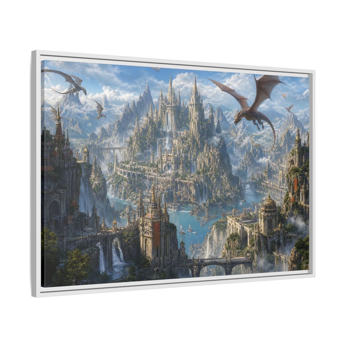 Side Mockup 9. Fairytale Fantasy City Blue Grey Fantasy shown as stretched canvas wall art