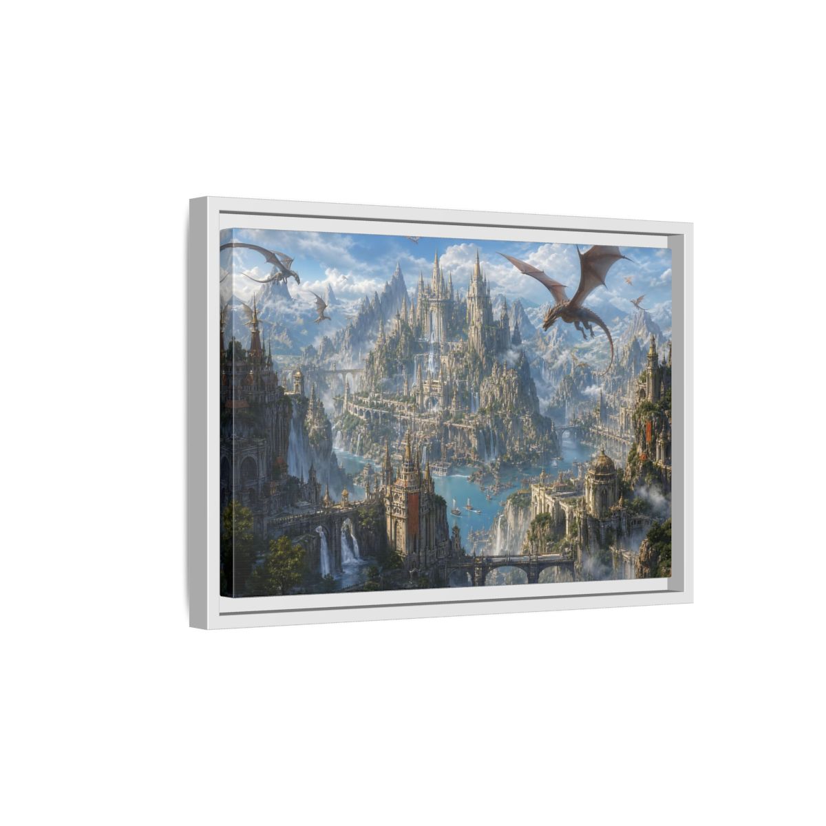 Side Mockup 4. Fairytale Fantasy City Blue Grey Fantasy shown as stretched canvas wall art