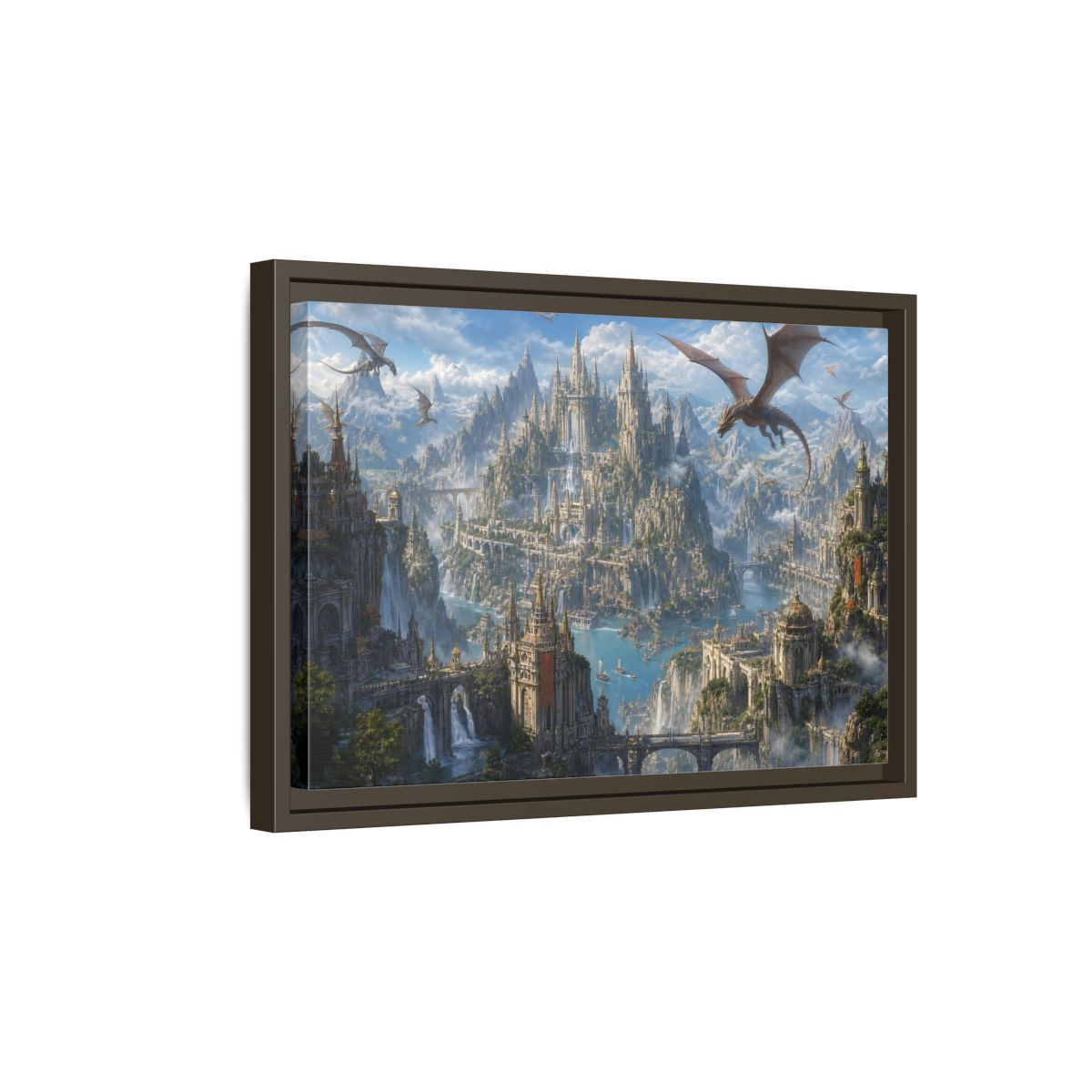 Side Mockup 5. Fairytale Fantasy City Blue Grey Fantasy shown as stretched canvas wall art