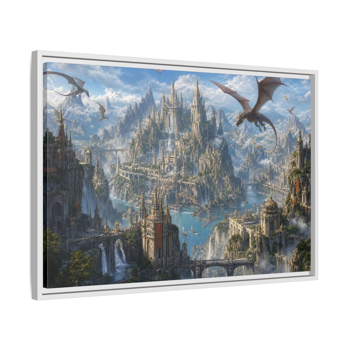 Side Mockup 10. Fairytale Fantasy City Blue Grey Fantasy shown as stretched canvas wall art