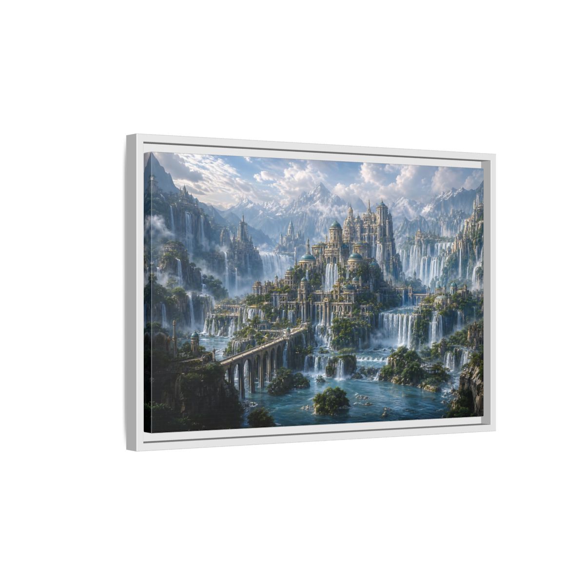 Side Mockup 1. Fairytale Fantasy City Fantasy Cityscape shown as stretched canvas wall art