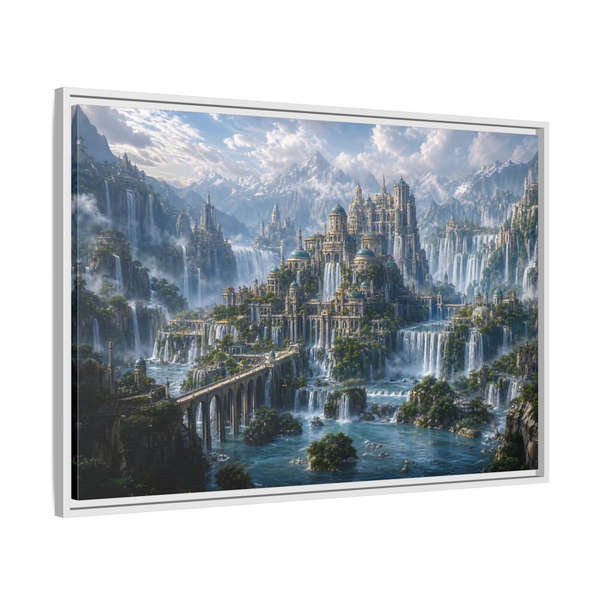 Side Mockup 9. Fairytale Fantasy City Fantasy Cityscape shown as stretched canvas wall art
