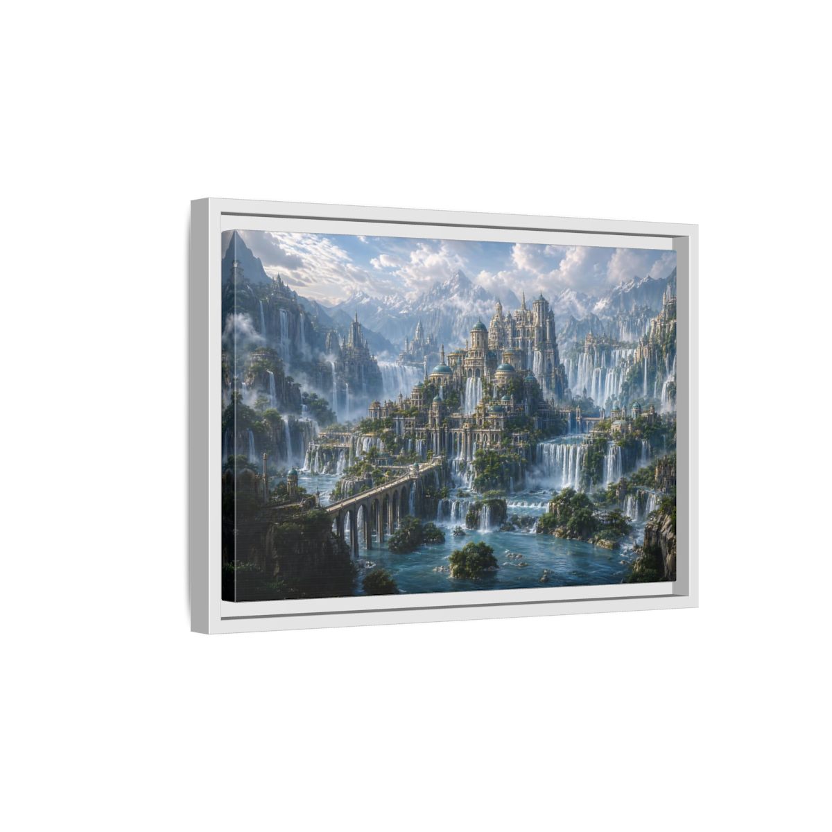 Side Mockup 4. Fairytale Fantasy City Fantasy Cityscape shown as stretched canvas wall art
