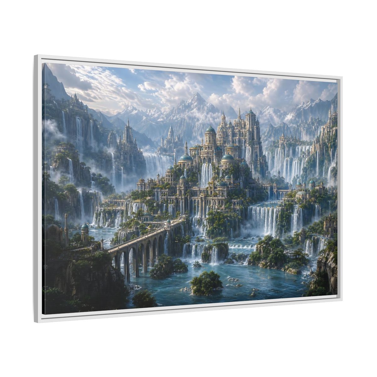 Side Mockup 7. Fairytale Fantasy City Fantasy Cityscape shown as stretched canvas wall art