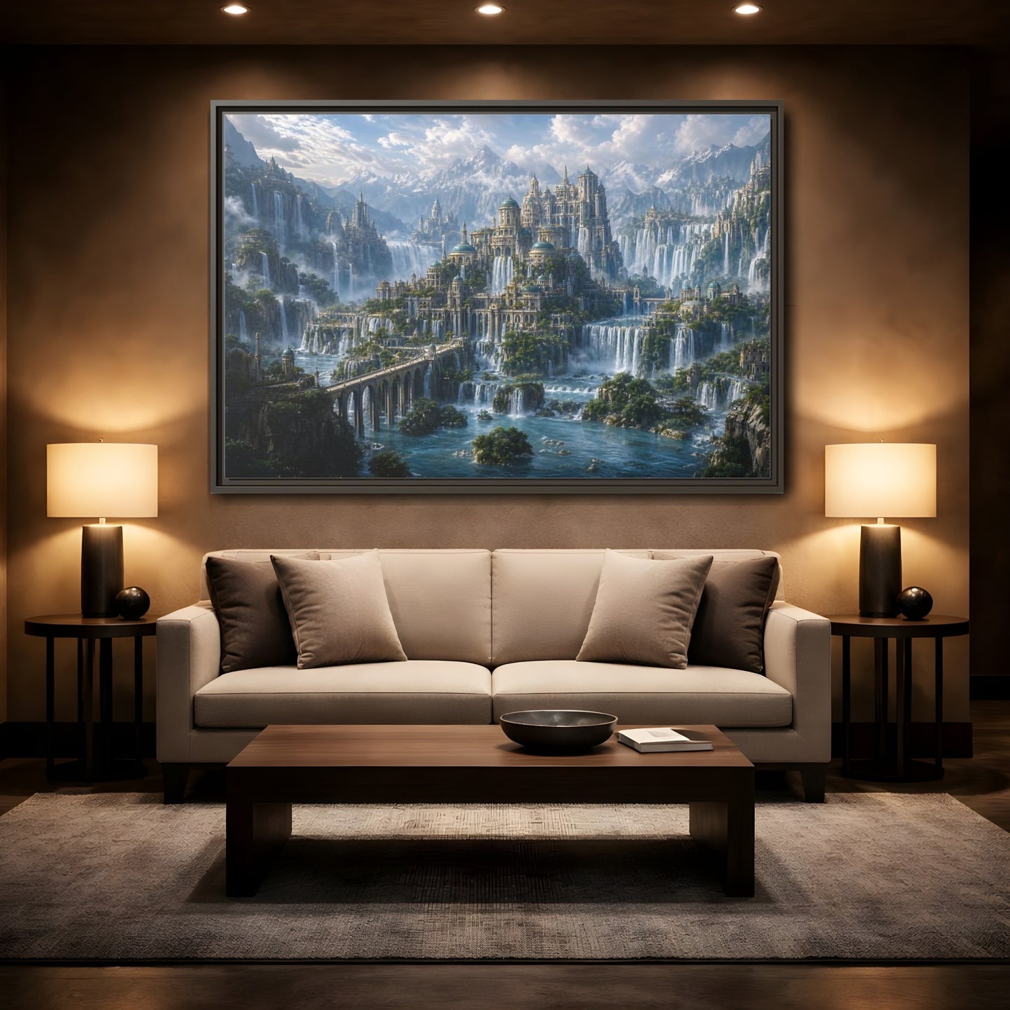Mockup 2. Fairytale Fantasy City Fantasy Cityscape shown as stretched canvas wall art