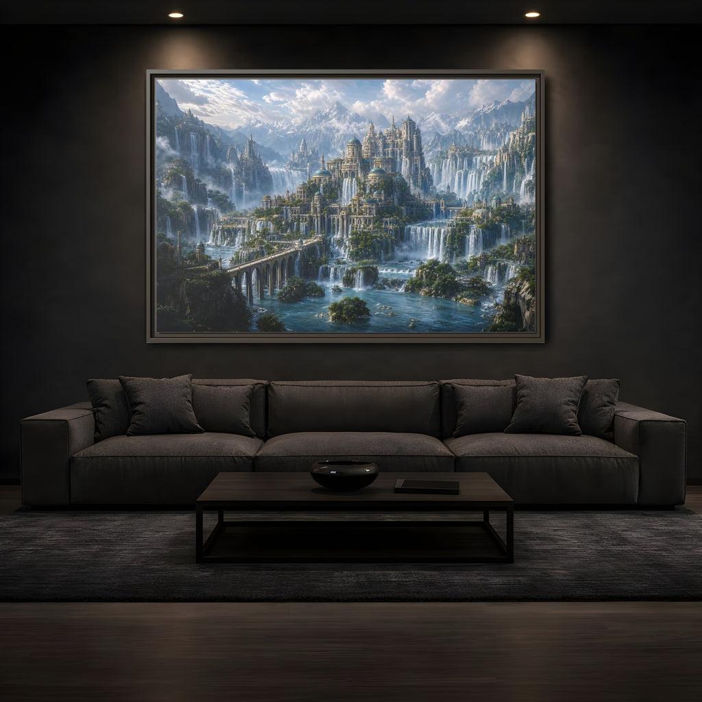 Mockup 3. Fairytale Fantasy City Fantasy Cityscape shown as stretched canvas wall art