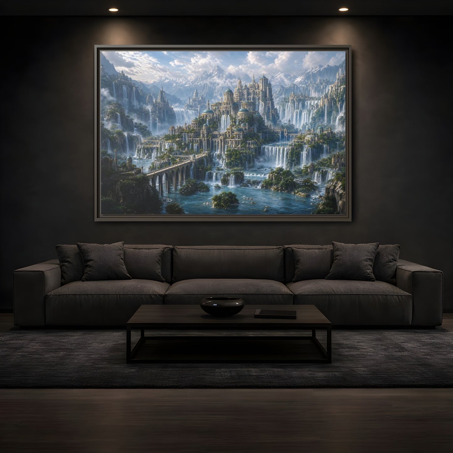 Mockup 3. Fairytale Fantasy City Fantasy Cityscape shown as stretched canvas wall art