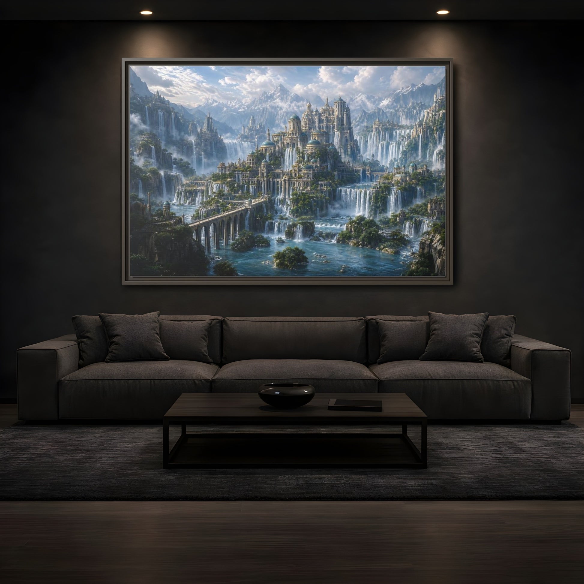 Mockup 3. Fairytale Fantasy City Fantasy Cityscape shown as stretched canvas wall art