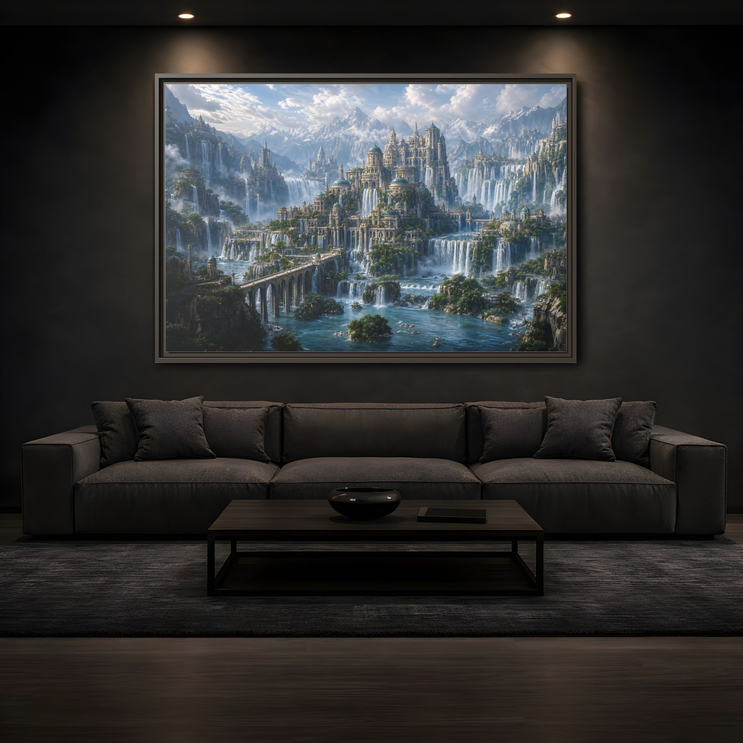 Mockup 3. Fairytale Fantasy City Fantasy Cityscape shown as stretched canvas wall art