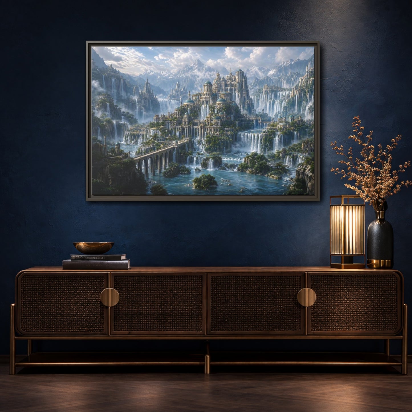Mockup 4. Fairytale Fantasy City Fantasy Cityscape shown as stretched canvas wall art