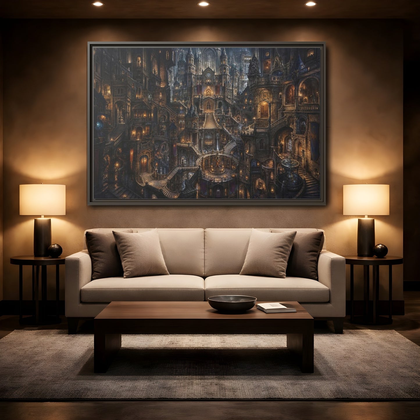 Mockup 2. Fairytale Fantasy City Gothic Fantasy City shown as stretched canvas wall art