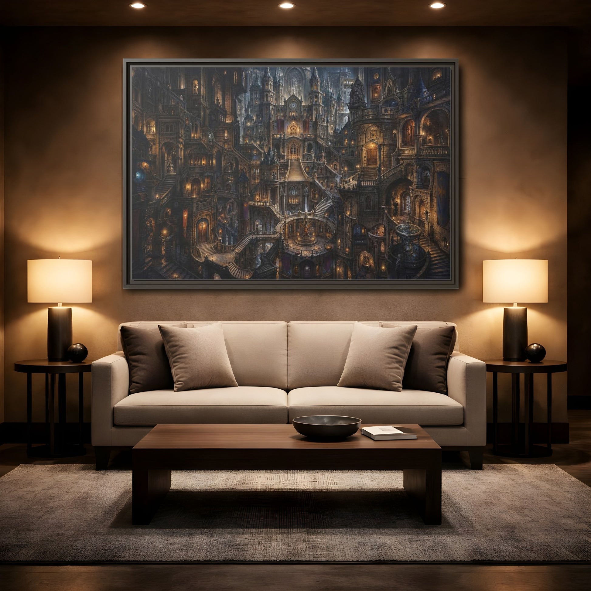 Mockup 2. Fairytale Fantasy City Gothic Fantasy City shown as stretched canvas wall art