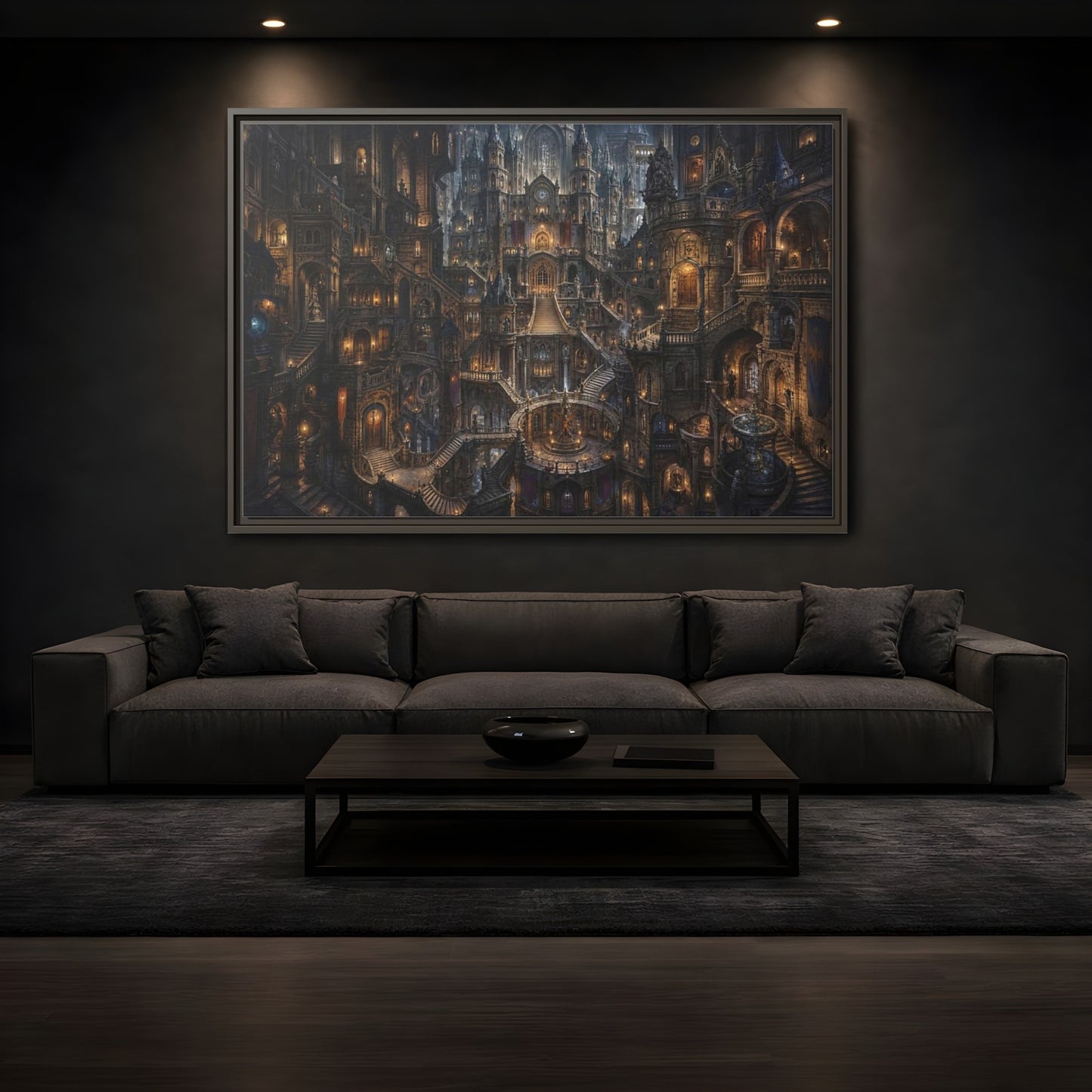 Mockup 3. Fairytale Fantasy City Gothic Fantasy City shown as stretched canvas wall art