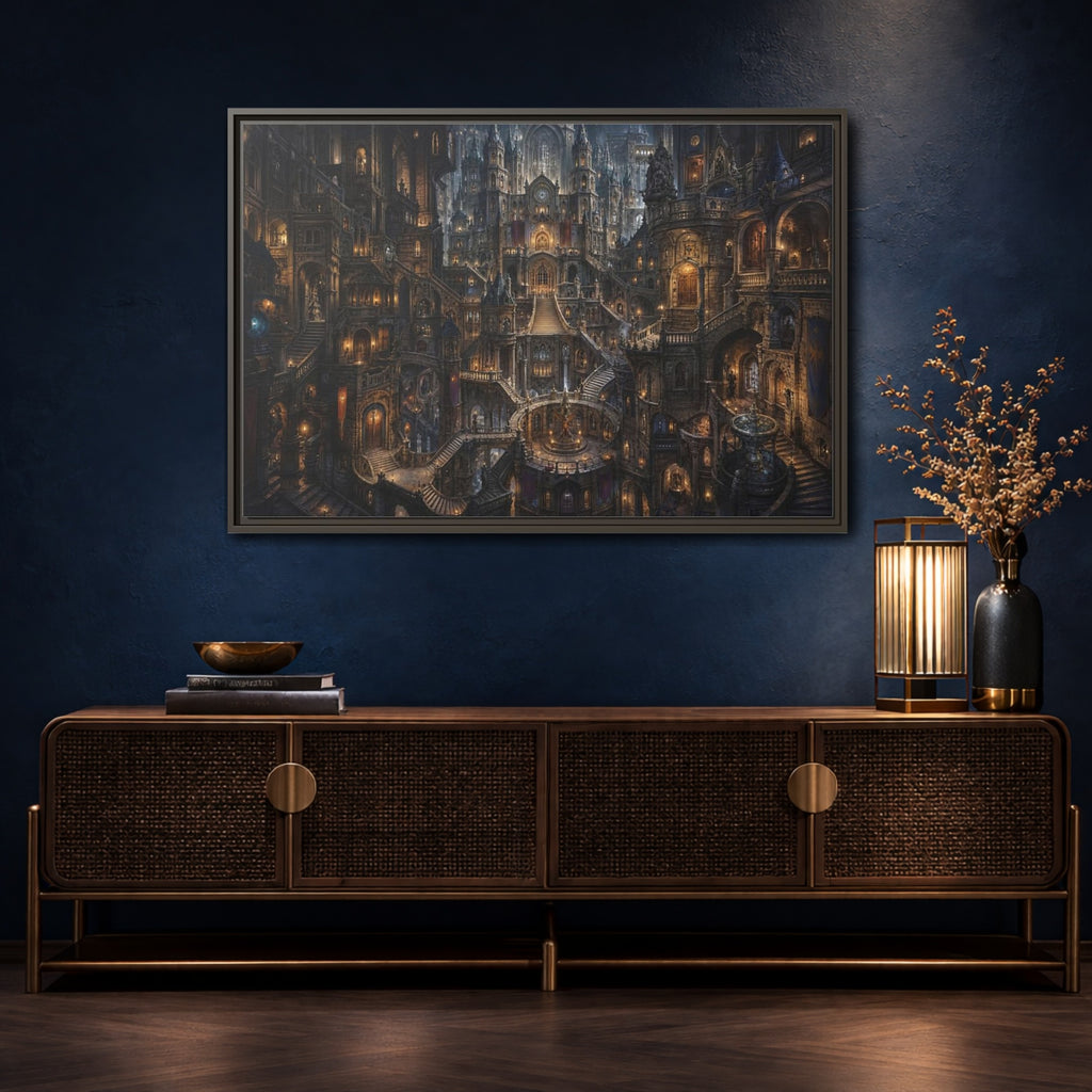 Mockup 4. Fairytale Fantasy City Gothic Fantasy City shown as stretched canvas wall art
