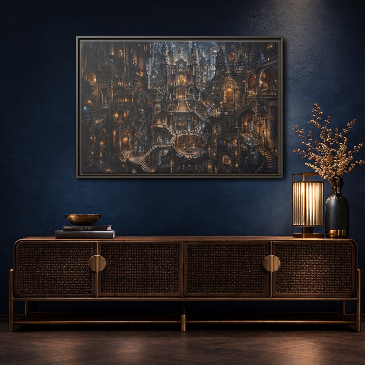 Mockup 4. Fairytale Fantasy City Gothic Fantasy City shown as stretched canvas wall art