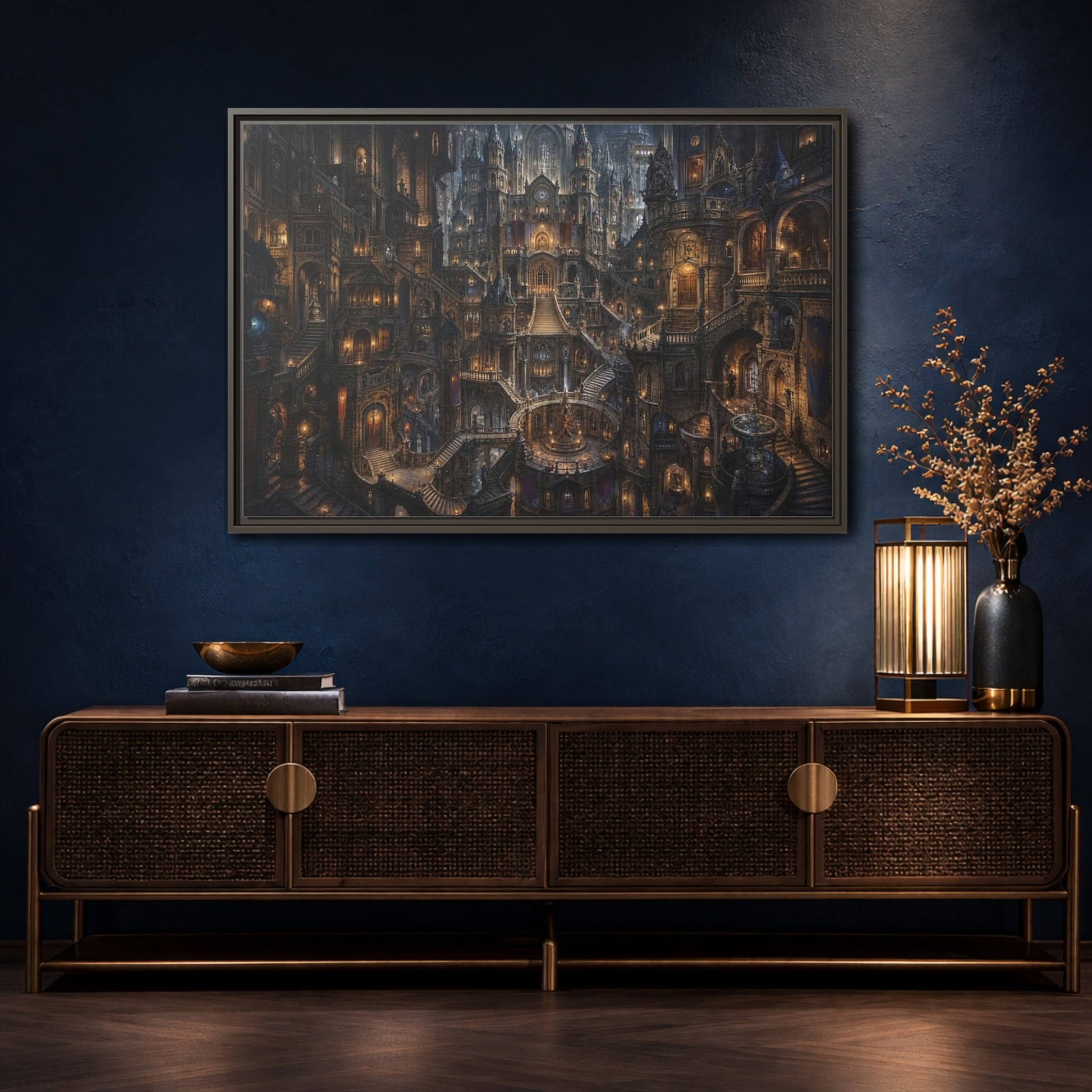 Mockup 4. Fairytale Fantasy City Gothic Fantasy City shown as stretched canvas wall art