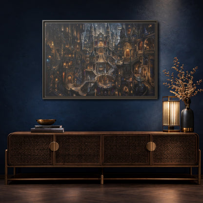 Mockup 4. Fairytale Fantasy City Gothic Fantasy City shown as stretched canvas wall art