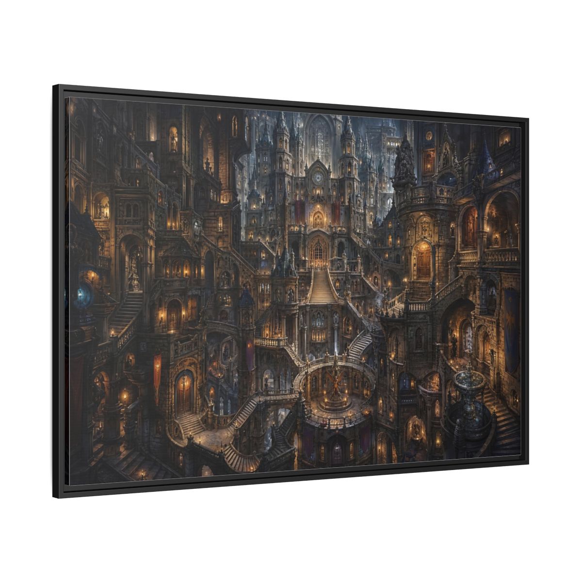 Side Mockup 12. Fairytale Fantasy City Gothic Fantasy City shown as stretched canvas wall art