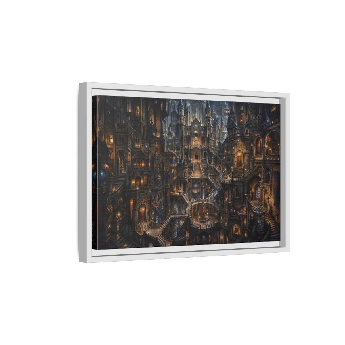 Side Mockup 4. Fairytale Fantasy City Gothic Fantasy City shown as stretched canvas wall art