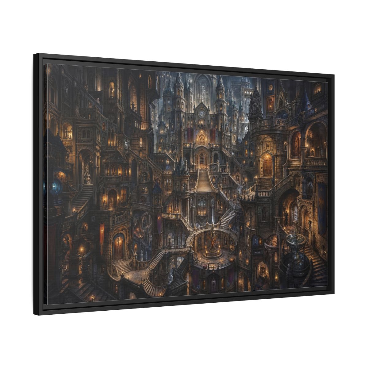 Side Mockup 13. Fairytale Fantasy City Gothic Fantasy City shown as stretched canvas wall art