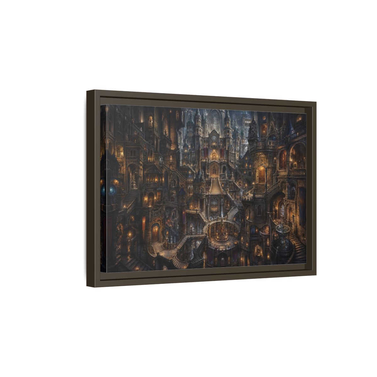 Side Mockup 5. Fairytale Fantasy City Gothic Fantasy City shown as stretched canvas wall art