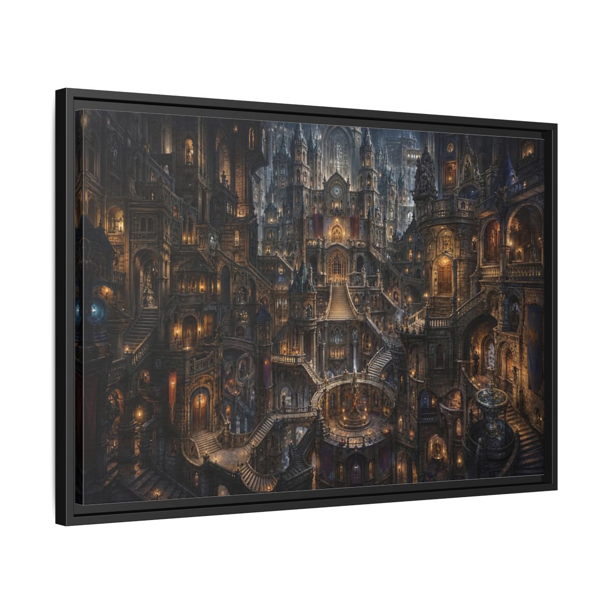 Side Mockup 14. Fairytale Fantasy City Gothic Fantasy City shown as stretched canvas wall art