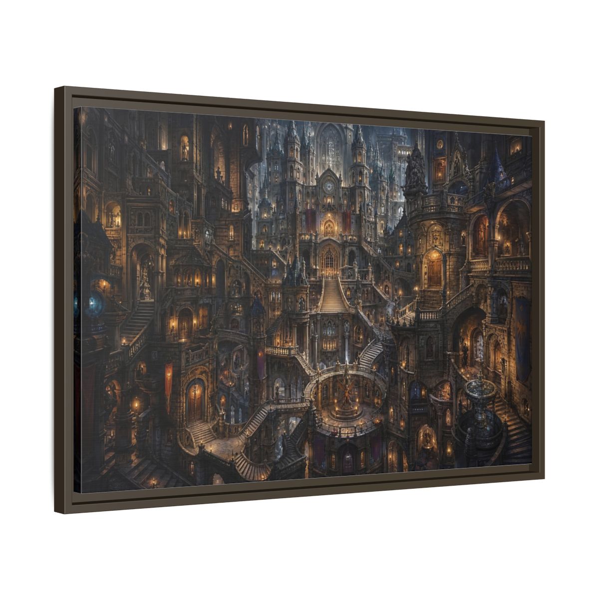 Side Mockup 11. Fairytale Fantasy City Gothic Fantasy City shown as stretched canvas wall art