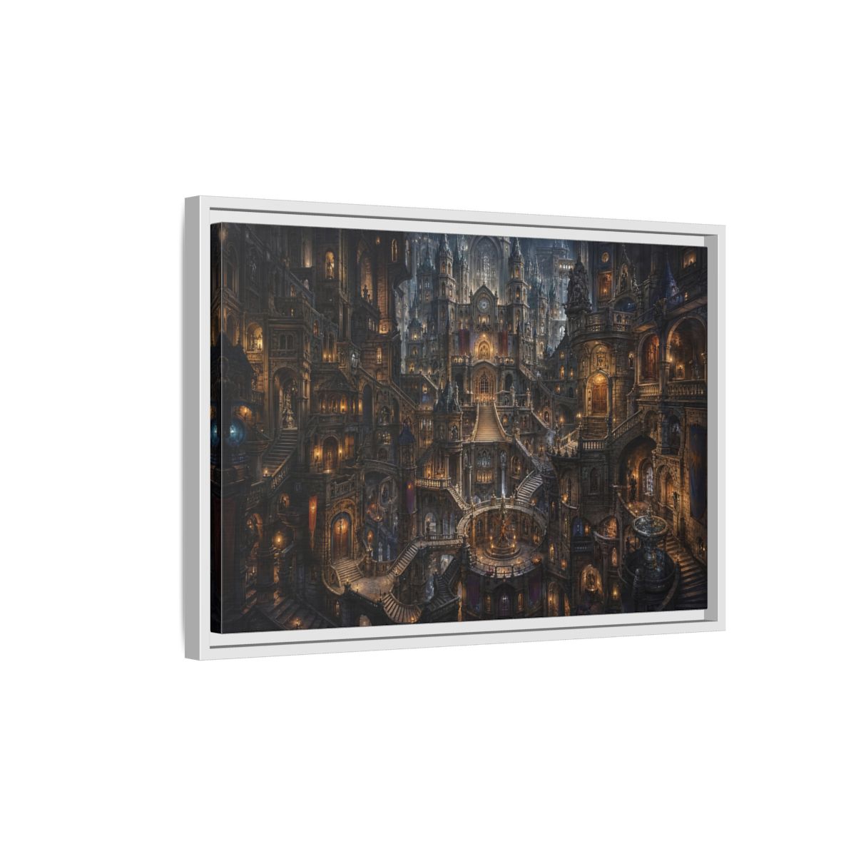 Side Mockup 1. Fairytale Fantasy City Gothic Fantasy City shown as stretched canvas wall art